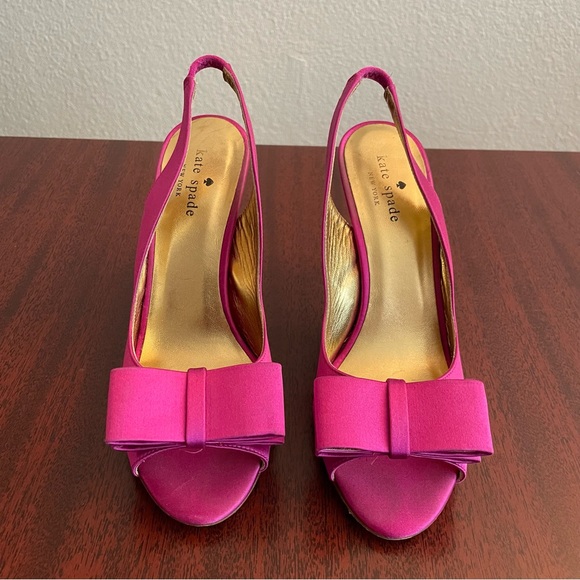 Kate Spade fuchsia satin sling back heels with bow - Picture 1 of 7